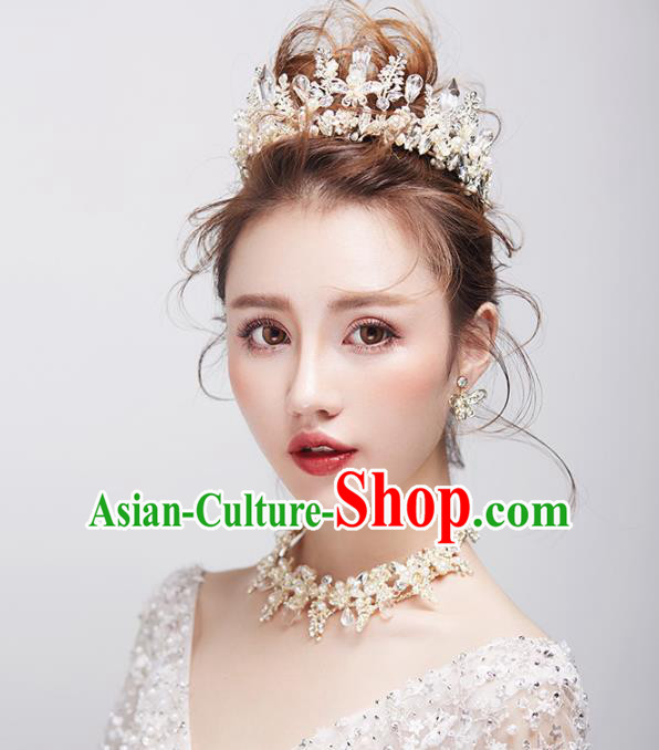 Top Grade Handmade Classical Hair Accessories Baroque Style Princess Crystal Royal Crown and Necklace Earrings Complete Set
