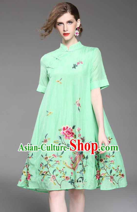 Asian Chinese Oriental Costumes Classical Slant Opening Embroidery Phoenix Peony Cheongsam, Traditional China National Chirpaur Tang Suit Plated Buttons Green Qipao Dress for Women