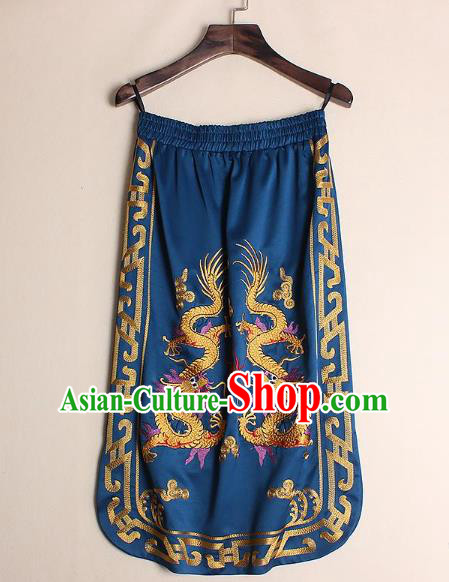 Asian Chinese Oriental Costumes Classical Embroidery Dragons Blue Skirts, Traditional China National Chirpaur Tang Suit Bust Skirt for Women