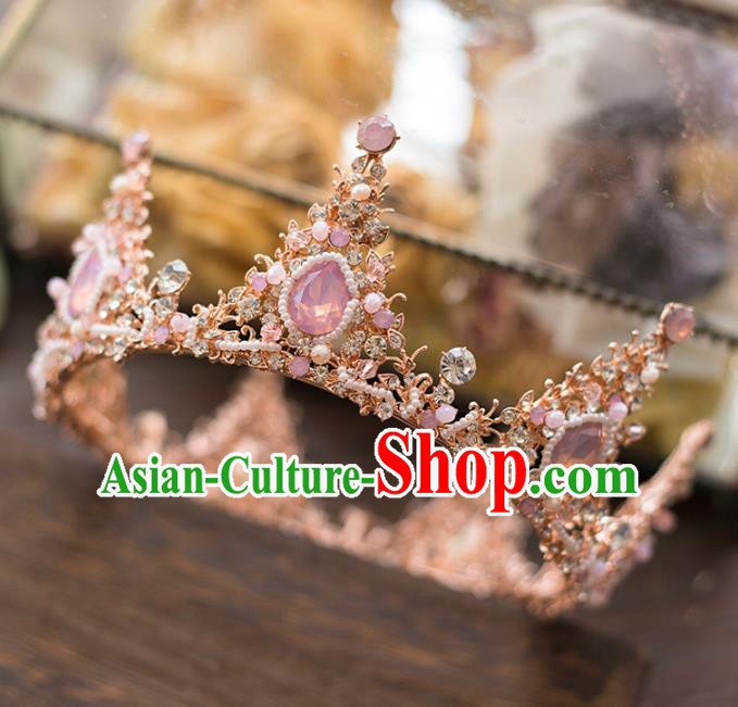 Top Grade Handmade Classical Hair Accessories Baroque Style Princess Pink Crystal Royal Crown Round Hair Clasp Headwear for Women