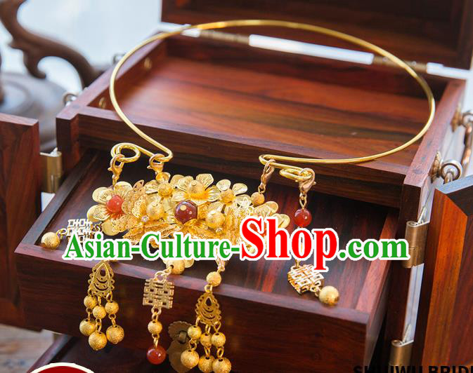 Aisan Chinese Handmade Classical Jewelry Accessories Tassel Necklace, China Xiuhe Suit Golden Tassel Necklet for Women