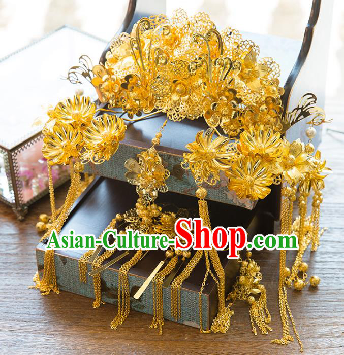 Aisan Chinese Handmade Classical Hair Accessories Golden Phoenix Coronet Complete Set, China Xiuhe Suit Tassel Step Shake Hairpins Wedding Headwear for Women