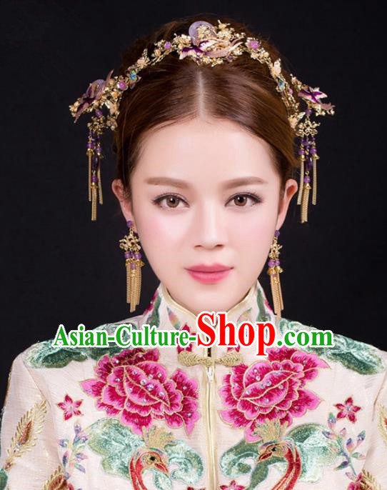 Aisan Chinese Handmade Classical Hair Accessories Purple Jade Phoenix Coronet Complete Set, China Xiuhe Suit Hairpins Wedding Headwear for Women
