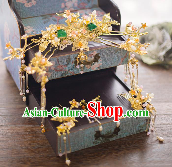 Aisan Chinese Handmade Classical Hair Accessories Jade Phoenix Coronet Complete Set, China Xiuhe Suit Hairpins Wedding Headwear for Women