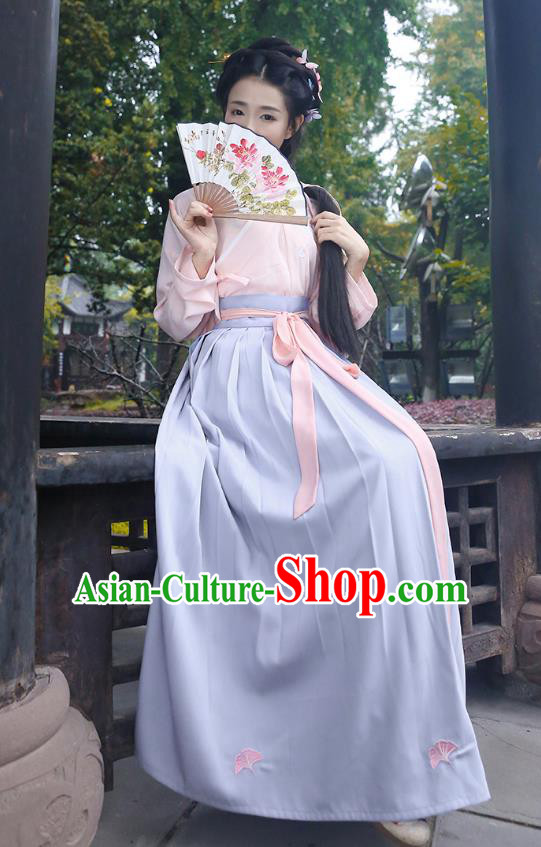 Asian Chinese Oriental Hanfu Costumes Embroidered Pink Blouse and Skirt, Traditional China Han Dynasty Embroidery Clothing for Women