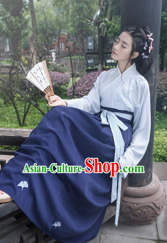 Asian Chinese Oriental Hanfu Costumes Embroidered Blouse and Navy Skirt, Traditional China Han Dynasty Embroidery Clothing for Women