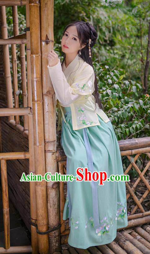 Asian Chinese Hanfu Costumes Song Dynasty Young Lady Embroidered Half-Sleeves Blouse and Slip Skirts Complete Set for Women