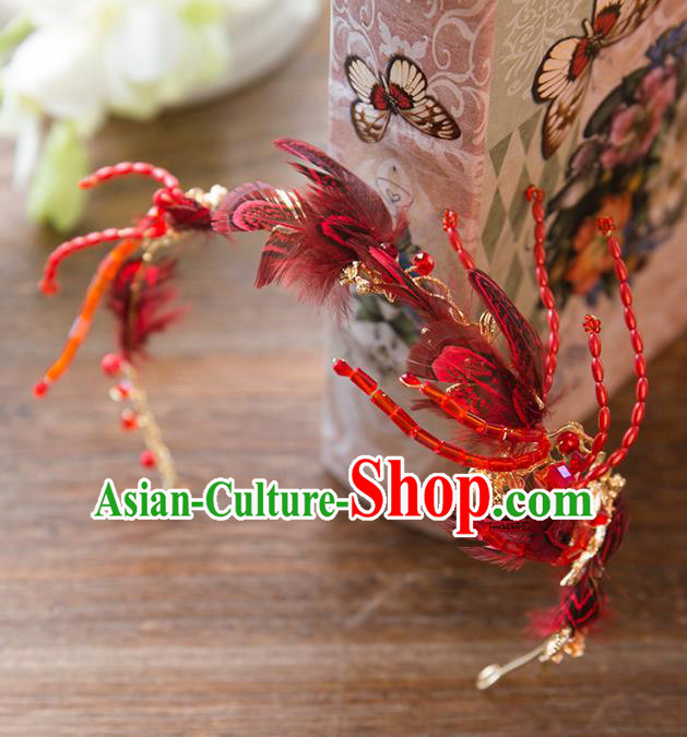 Top Grade Handmade Classical Hair Accessories Baroque Style Princess Red Feather Hair Clasp Headwear for Women
