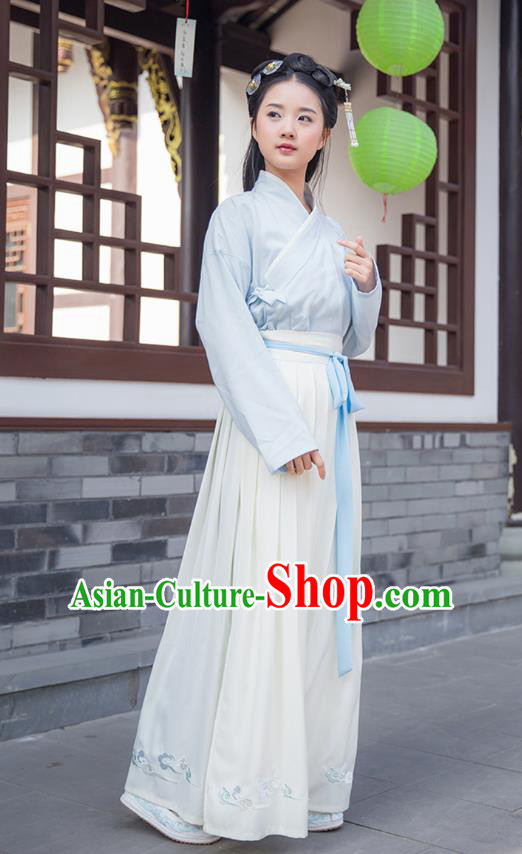 Traditional Asian Chinese Hanfu Costumes Han Dynasty Young Lady Embroidered Blouse and Slip Skirts Complete Set