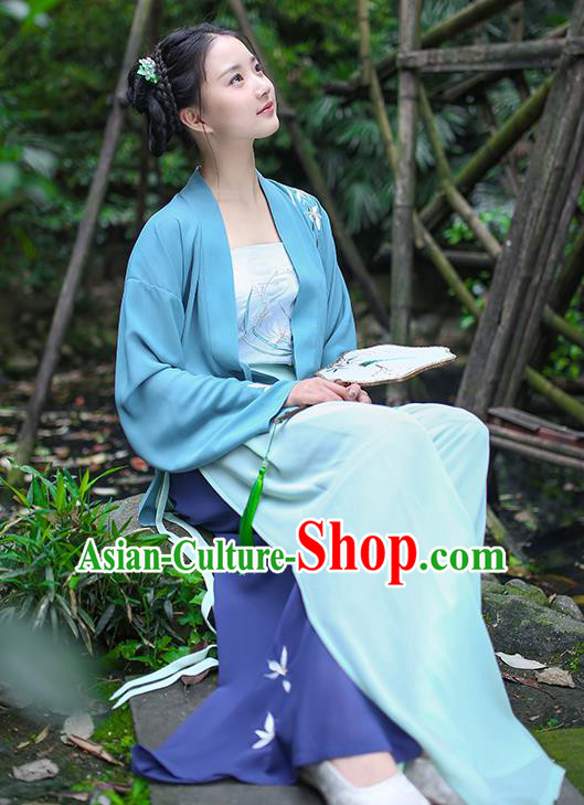 Traditional Asian Chinese Hanfu Costumes Song Dynasty Young Lady Embroidered Blue Blouse and Pants Complete Set