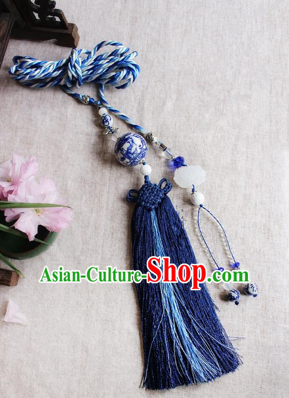 Chinese Handmade Classical Accessories Blue and White Porcelain Tassel Palace Taeniasis, China Hanfu Waist Pendant Headwear for Women for Men