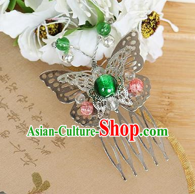 Chinese Handmade Classical Accessories Green Bead Butterfly Hair Comb, China Xiuhe Suit Hair Stick for Women