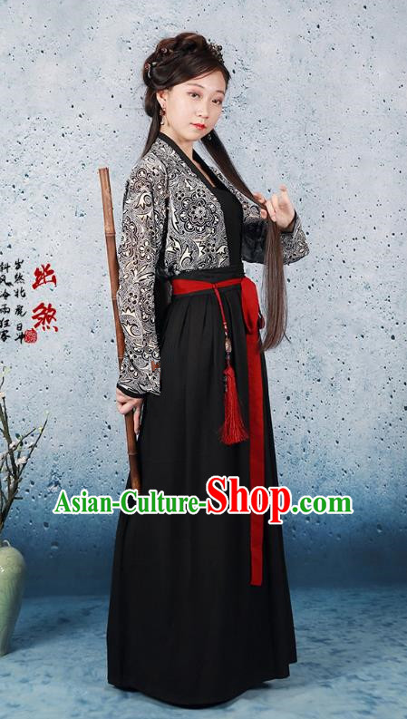 Traditional Ancient Chinese Han Dynasty Swordswoman Costume Blouse and Skirt, Chinese Hanfu Chivalrous Women Clothing