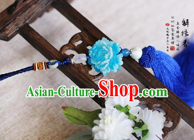 Chinese Handmade Classical Accessories Blue Peony Tassel Palace Taeniasis, China Hanfu Waist Pendant Headwear for Women for Men