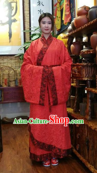Traditional Oriental China Han Dynasty Wedding Costume Palace Lady Red Embroidered Hanfu Curve Bottom Clothing for Women