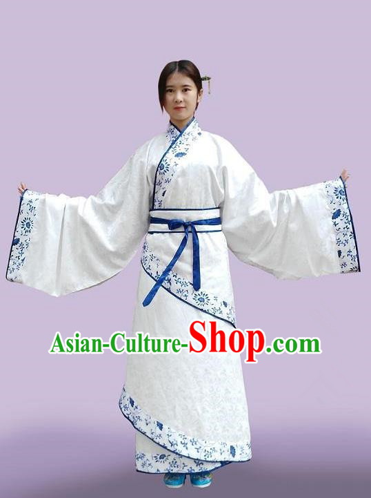 Traditional Asian Oriental China Costume Embroidery Palace Lady Blue and White Porcelain Curve Bottom, Chinese Han Dynasty Embroidered Clothing for Women