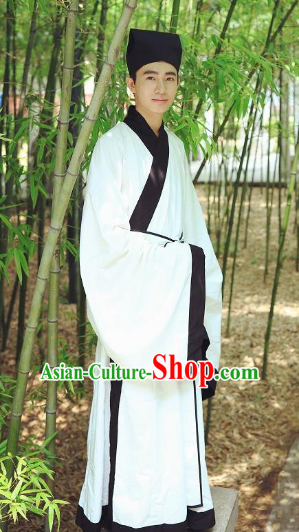 Traditional Asian China Ming Dynasty Costume Chinese Ancient Hanfu Officer Scholar White Long Robe for Men