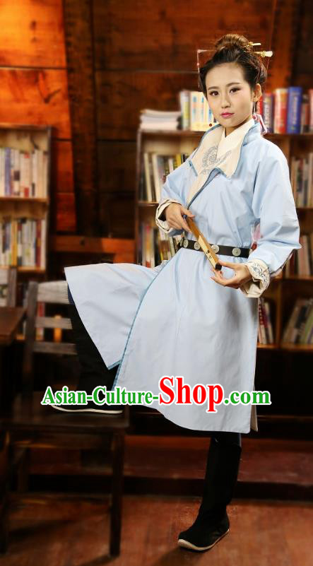 Traditional Chinese Hanfu Costumes Ancient Ming Dynasty Imperial Guards Blue Robe for Women