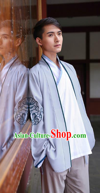 Traditional Chinese Hanfu Costumes Ancient Han Dynasty Young Men Embroidery Grey Shirts