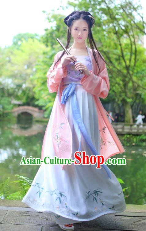 Traditional Ancient China Costume Young Lady Embroidery Pink BeiZi and Skirt Complete Set, Chinese Hanfu Han Dynasty Princess Embroidered Clothing for Women