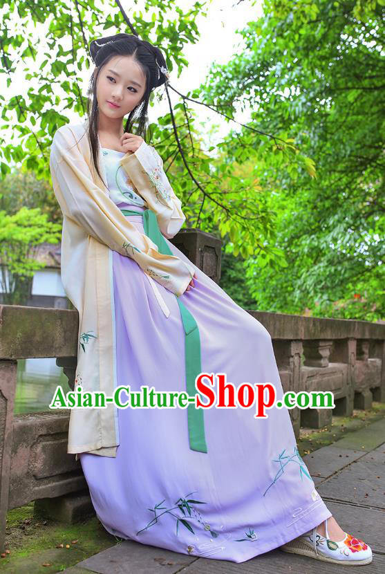 Traditional Ancient China Costume Young Lady Embroidery Yellow BeiZi and Skirt Complete Set, Chinese Hanfu Song Dynasty Princess Embroidered Clothing for Women