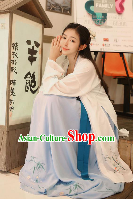 Traditional Ancient China Costume Young Lady Embroidery White BeiZi and Blue Skirt Complete Set, Chinese Hanfu Song Dynasty Embroidered Clothing