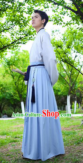 Traditional Chinese Hanfu Costumes Ancient Han Dynasty Young Men Embroidery Shirts and Blue Skirts Complete Set