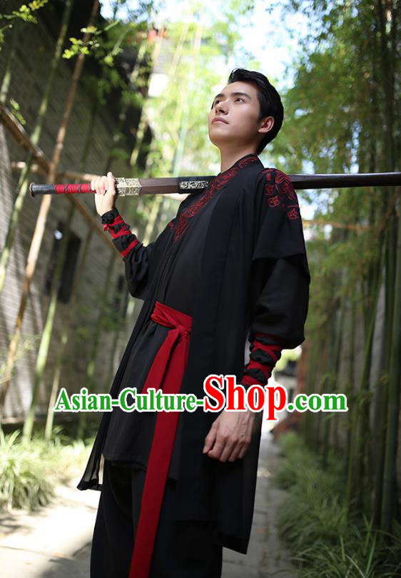 Traditional Chinese Hanfu Costumes Ancient Han Dynasty Swordsman Embroidery Black Clothing Complete Set