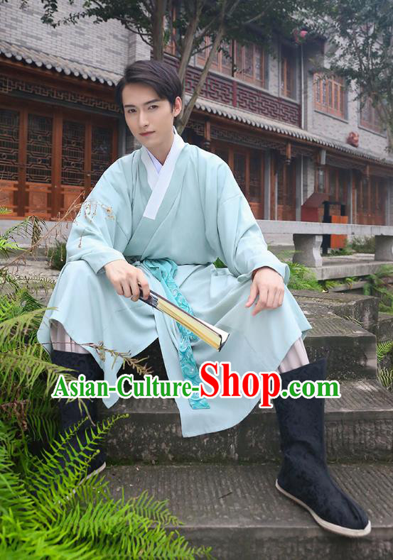 Traditional Chinese Ancient Costumes Asian China Ming Dynasty Swordsmen Embroidery Clothing Blue Long Robe for Men