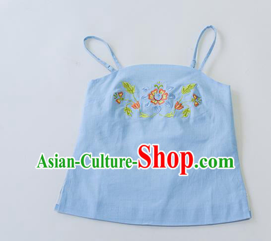 Traditional Chinese Ancient Hanfu Costumes, Asian China Song Dynasty Embroidery Sun-top Vest Blue Bellyband for Women