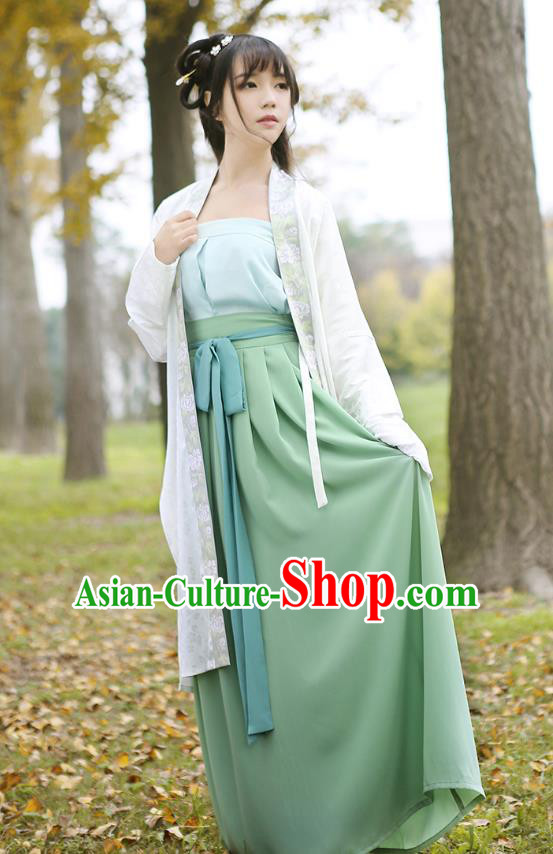 Ancient Chinese Palace Princess Hanfu Costume, Traditional China Song Dynasty Young Lady Embroidery White BeiZi Boob Tube Top and Skirt Complete Set