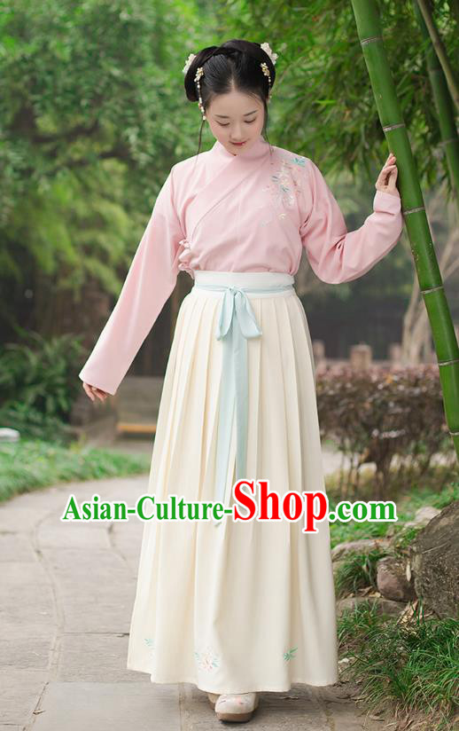 Ancient Chinese Palace Princess Hanfu Costume, Traditional China Ming Dynasty Young Lady Pink Embroidery Blouse and Yellow Skirt Complete Set