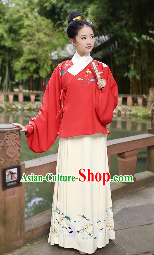 Ancient Chinese Palace Princess Hanfu Costume, Traditional China Ming Dynasty Palace Lady Red Embroidery Crane Blouse and Yellow Skirt Complete Set