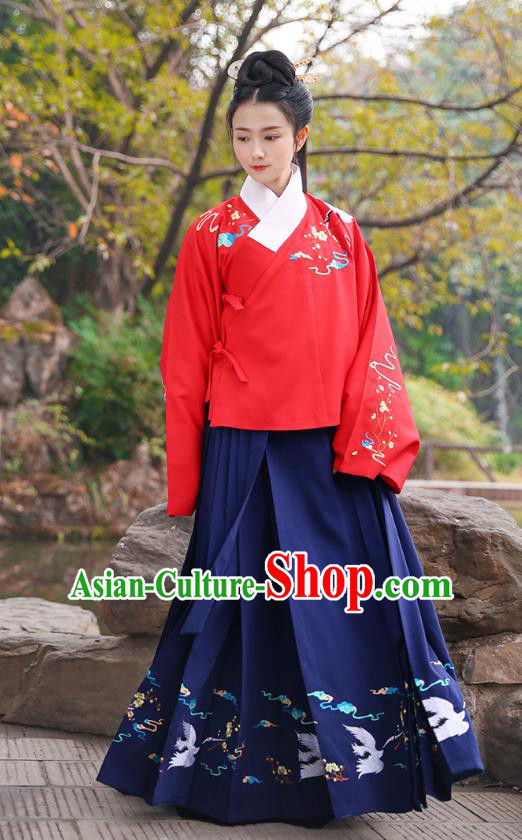 Ancient Chinese Palace Princess Hanfu Costume, Traditional China Ming Dynasty Palace Lady Red Embroidery Crane Blouse and Navy Skirt Complete Set