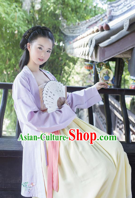 Ancient Chinese Palace Princess Hanfu Costume, Traditional China Song Dynasty Palace Lady Embroidery Purple Cardigan Clothing