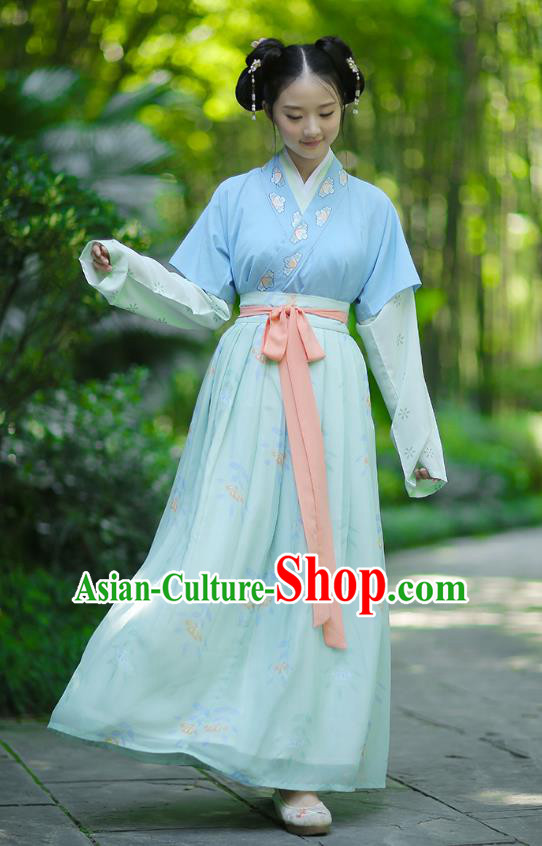 Ancient Chinese Palace Princess Hanfu Costume, Traditional China Song Dynasty Palace Lady Embroidery Clothing Blue Half-Sleeves Blouse and Skirts