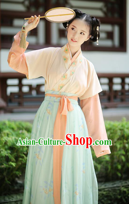 Ancient Chinese Palace Princess Hanfu Costume, Traditional China Song Dynasty Palace Lady Embroidery Clothing Yellow Half-Sleeves Blouse and Skirts