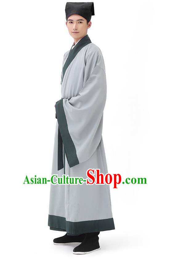 Traditional Chinese Ancient Hanfu Costumes, Asian China Han Dynasty Scholar Grey Long Robe for Men
