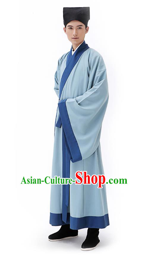 Traditional Chinese Ancient Hanfu Costumes, Asian China Han Dynasty Scholar Blue Long Robe for Men