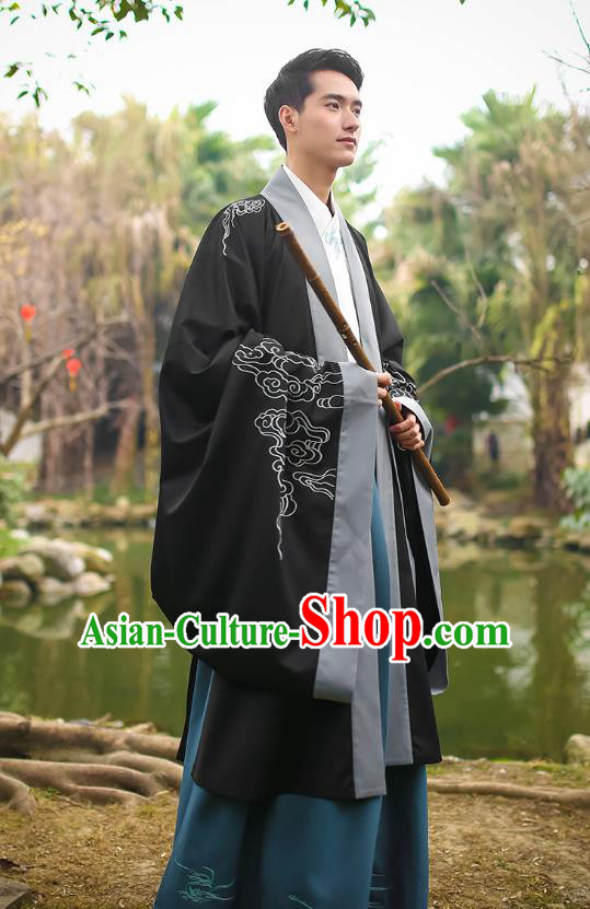 Traditional Chinese Ancient Hanfu Swordsman Costumes, Asian China Jin Dynasty Embroidery Black Cloak for Men