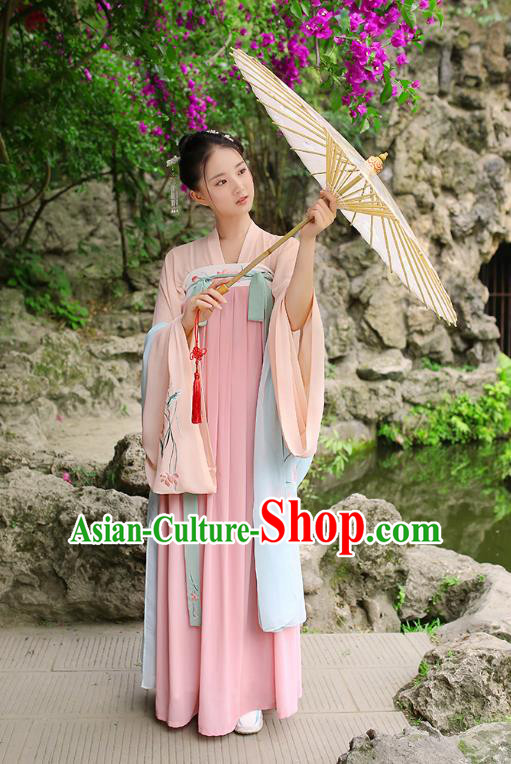 Traditional Chinese Ancient Hanfu Imperial Princess Costume, Asian China Tang Dynasty Palace Lady Embroidery Pink Slip Dress for Women