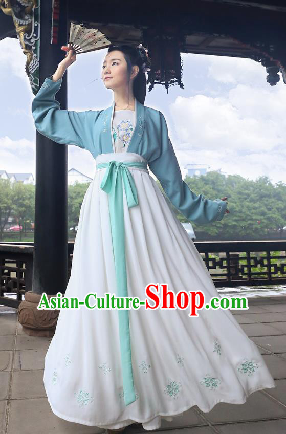 Traditional Chinese Ancient Young Lady Hanfu Costumes, Asian China Song Dynasty Palace Princess Embroidery Blue Blouse and Skirt for Women