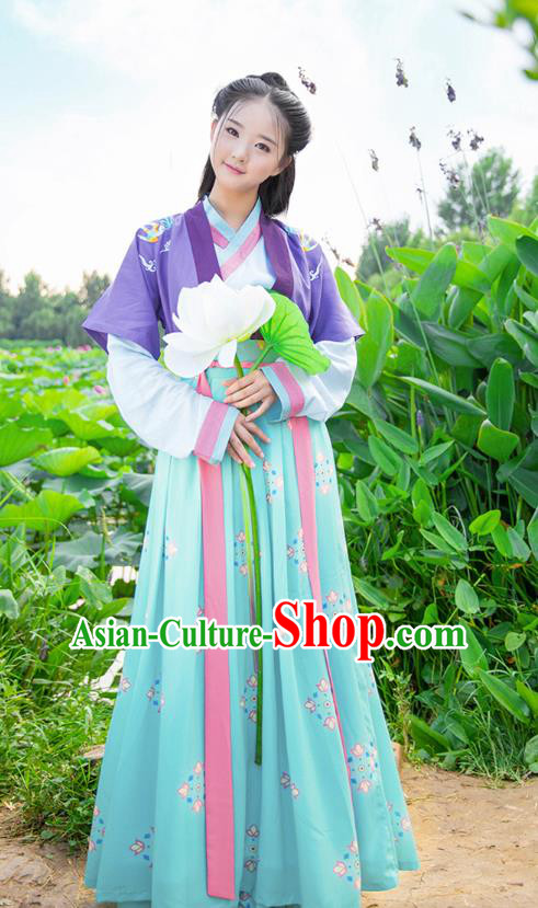 Traditional Chinese Ancient Hanfu Imperial Princess Costume, Asian China Song Dynasty Young Lady Embroidery Half-Sleeves and Slip Dress for Women