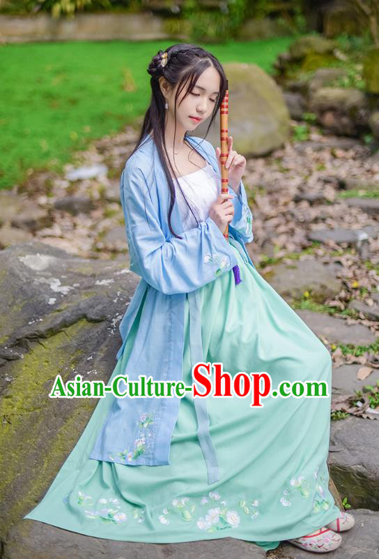 Traditional Chinese Ancient Hanfu Princess Costume, Asian China Song Dynasty Young Lady Embroidery Long BeiZi Blue Cardigan for Women
