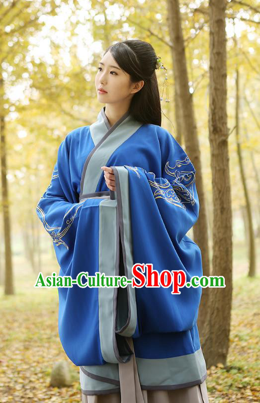 Traditional Chinese Ancient Young Lady Hanfu Costumes Blue Curve Bottom, Asian China Han Dynasty Palace Princess Embroidery Clothing for Women