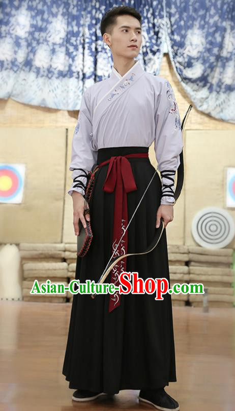 Traditional Chinese Ancient Hanfu Swordsman Costume, Asian China Ming Dynasty Imperial Bodyguard Embroidered Grey Blouse and Skirt for Men