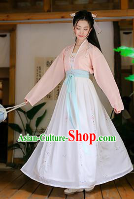 Traditional Chinese Ancient Princess Hanfu Costumes, Asian China Song Dynasty Palace Lady Embroidery Pink Blouse and White Skirts for Women