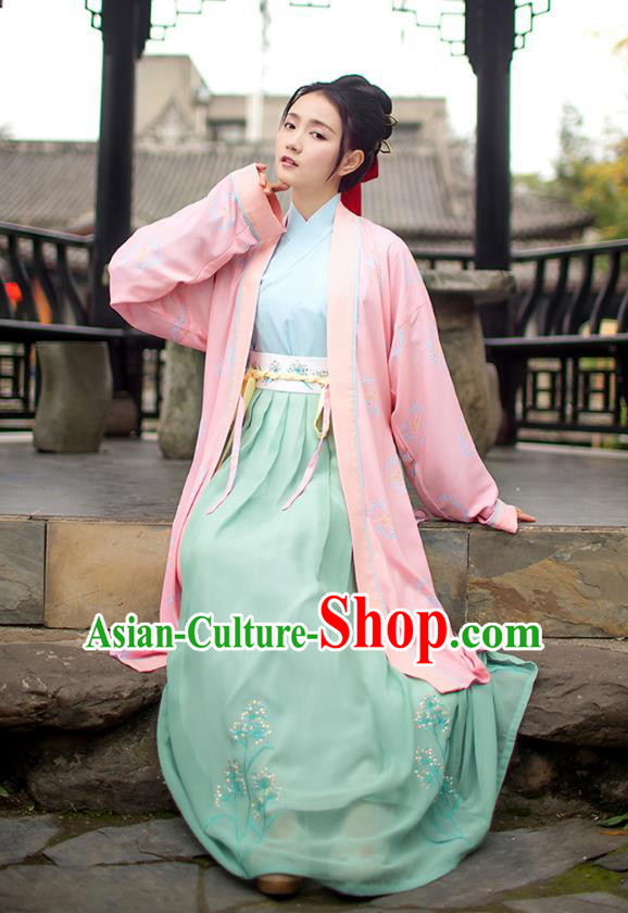 Traditional Chinese Ancient Young Lady Hanfu Costumes, Asian China Song Dynasty Palace Princess Pink BeiZi Blouse and Skirts Complete Set for Women