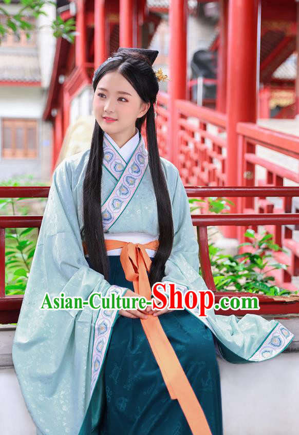 Traditional Chinese Ancient Hanfu Young Lady Costumes, Asian China Han Dynasty Princess Embroidery Green Dress Clothing for Women