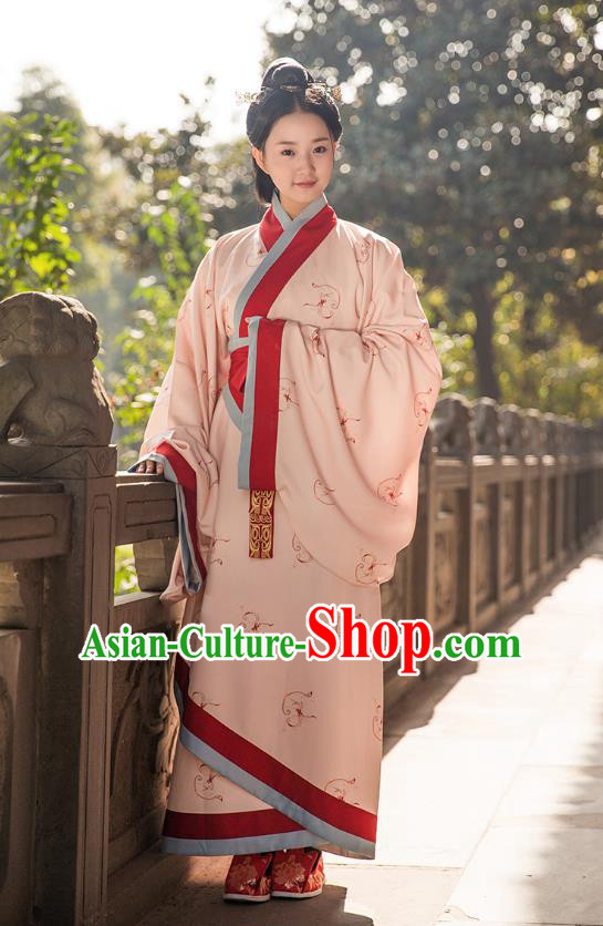 Traditional Chinese Ancient Royal Princess Hanfu Costume Pink Curve Bottom, Asian China Han Dynasty Palace Lady Embroidered Dress for Women